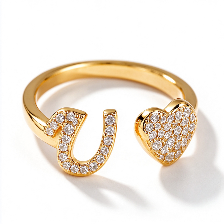 Initial Letter Heart Zircon Adjustable Open Ring