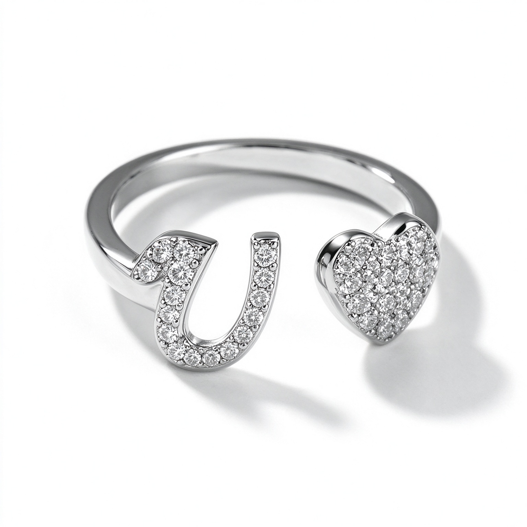 Initial Letter Heart Zircon Adjustable Open Ring