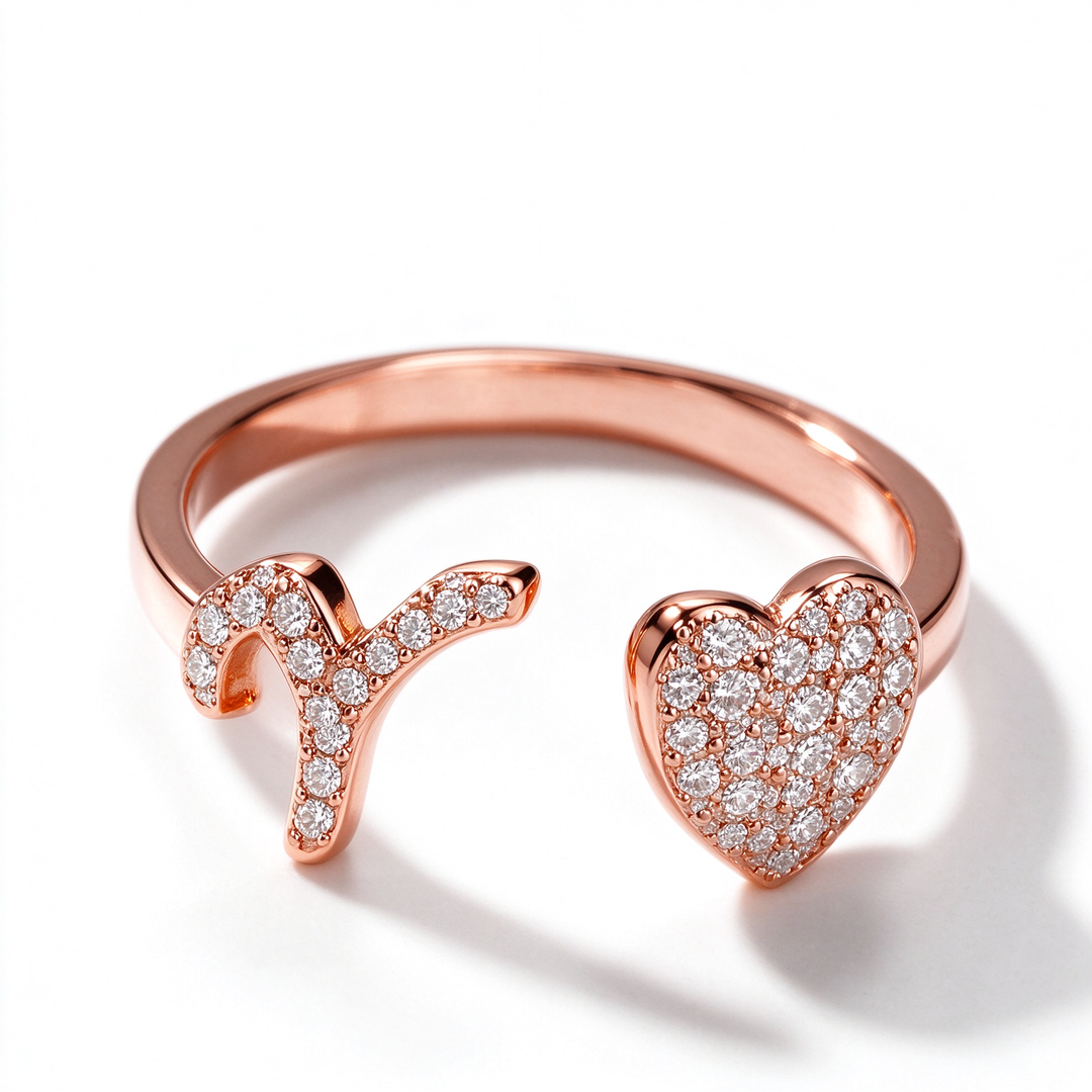 Initial Letter Heart Zircon Adjustable Open Ring
