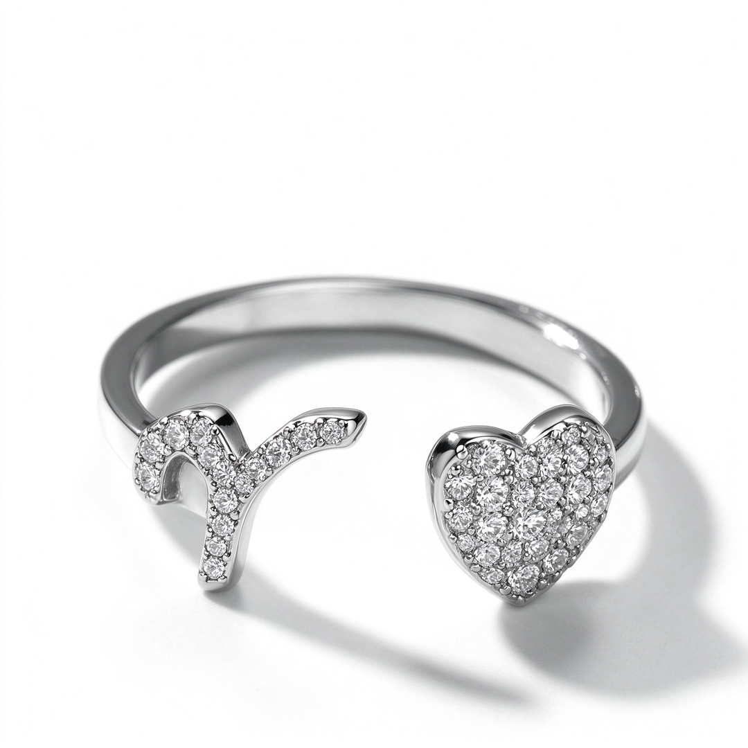 Initial Letter Heart Zircon Adjustable Open Ring