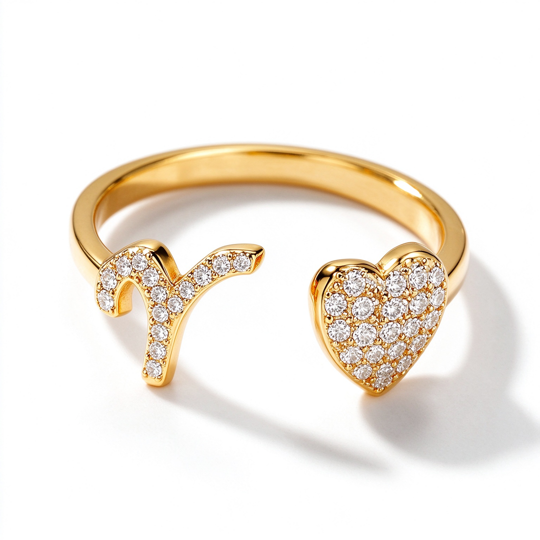 Initial Letter Heart Zircon Adjustable Open Ring