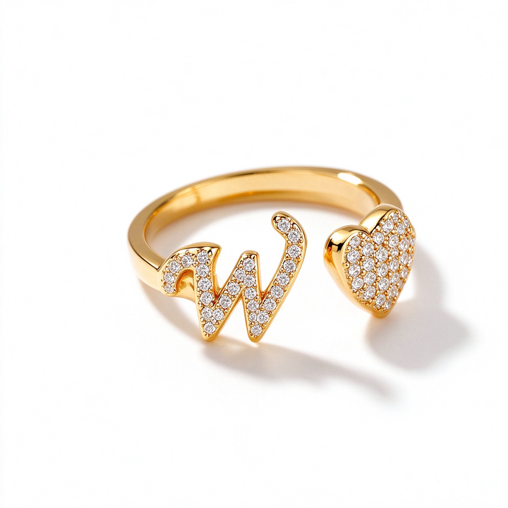 Initial Letter Heart Zircon Adjustable Open Ring