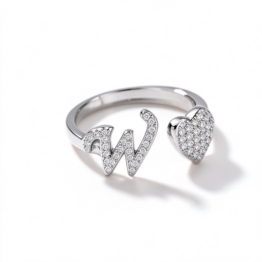 Initial Letter Heart Zircon Adjustable Open Ring