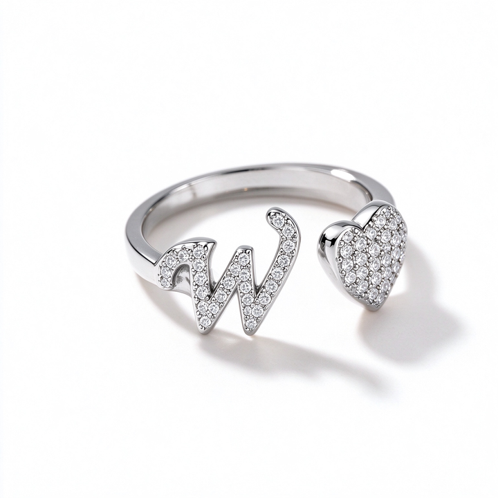 Initial Letter Heart Zircon Adjustable Open Ring
