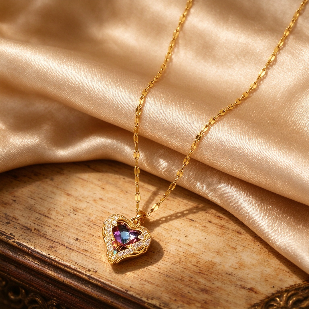 Ocean Heart Rainbow Zircon Pendant Necklace
