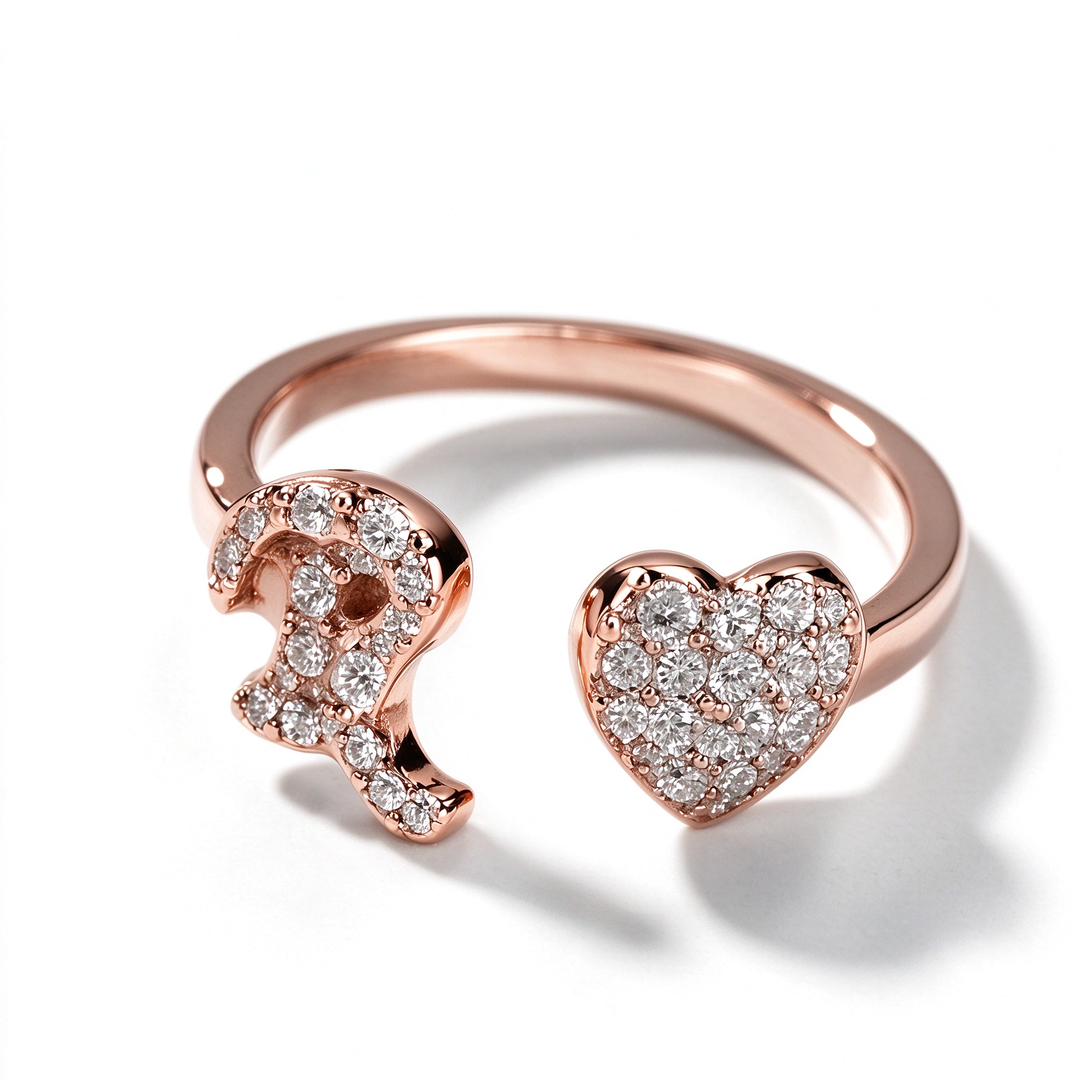 Initial Letter Heart Zircon Adjustable Open Ring