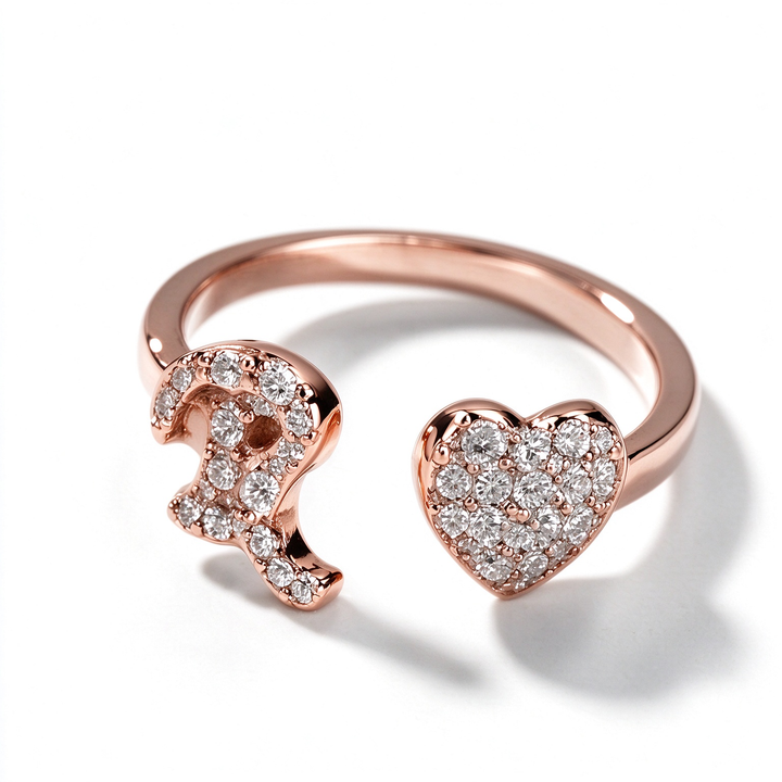 Initial Letter Heart Zircon Adjustable Open Ring