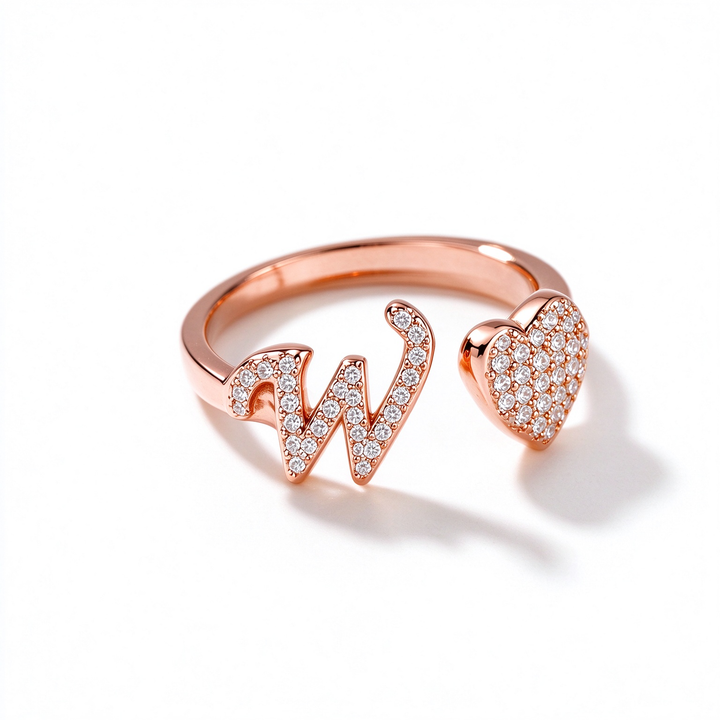 Initial Letter Heart Zircon Adjustable Open Ring