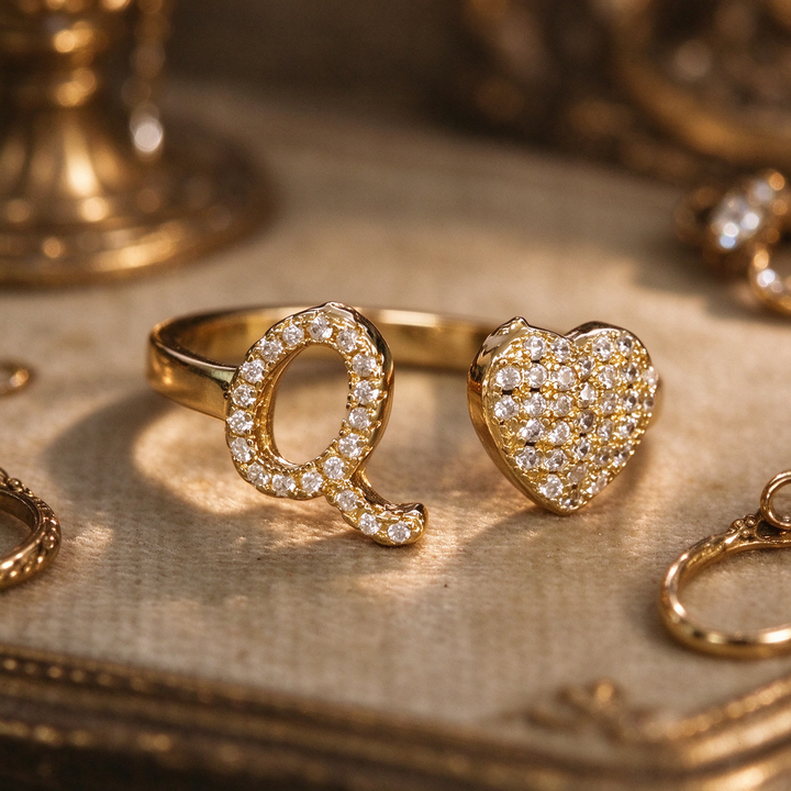 Initial Letter Heart Zircon Adjustable Open Ring
