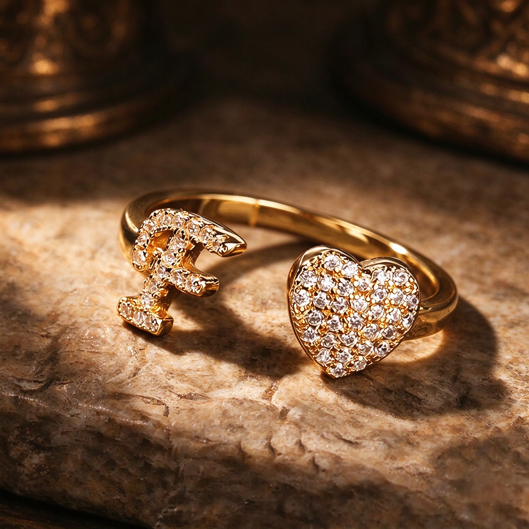 Initial Letter Heart Zircon Adjustable Open Ring