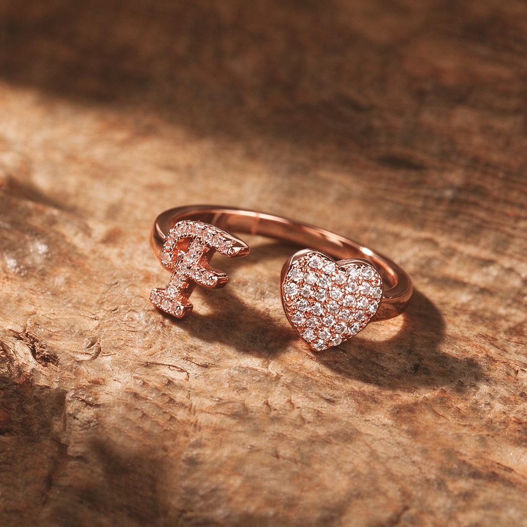 Initial Letter Heart Zircon Adjustable Open Ring