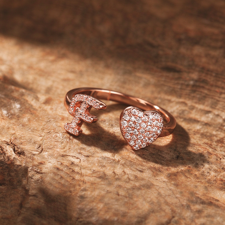 Initial Letter Heart Zircon Adjustable Open Ring