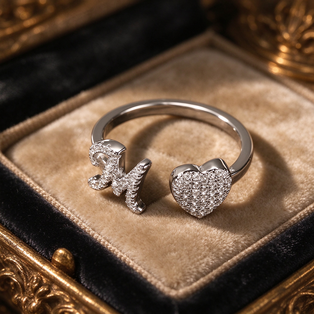 Initial Letter Heart Zircon Adjustable Open Ring