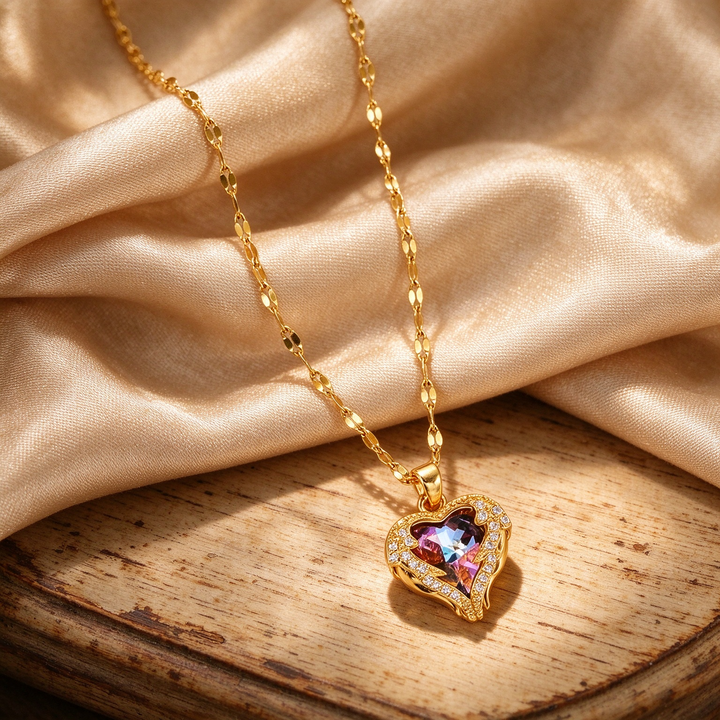 Ocean Heart Rainbow Zircon Pendant Necklace