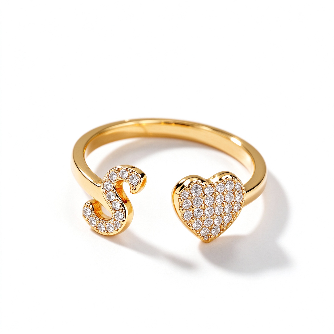 Initial Letter Heart Zircon Adjustable Open Ring