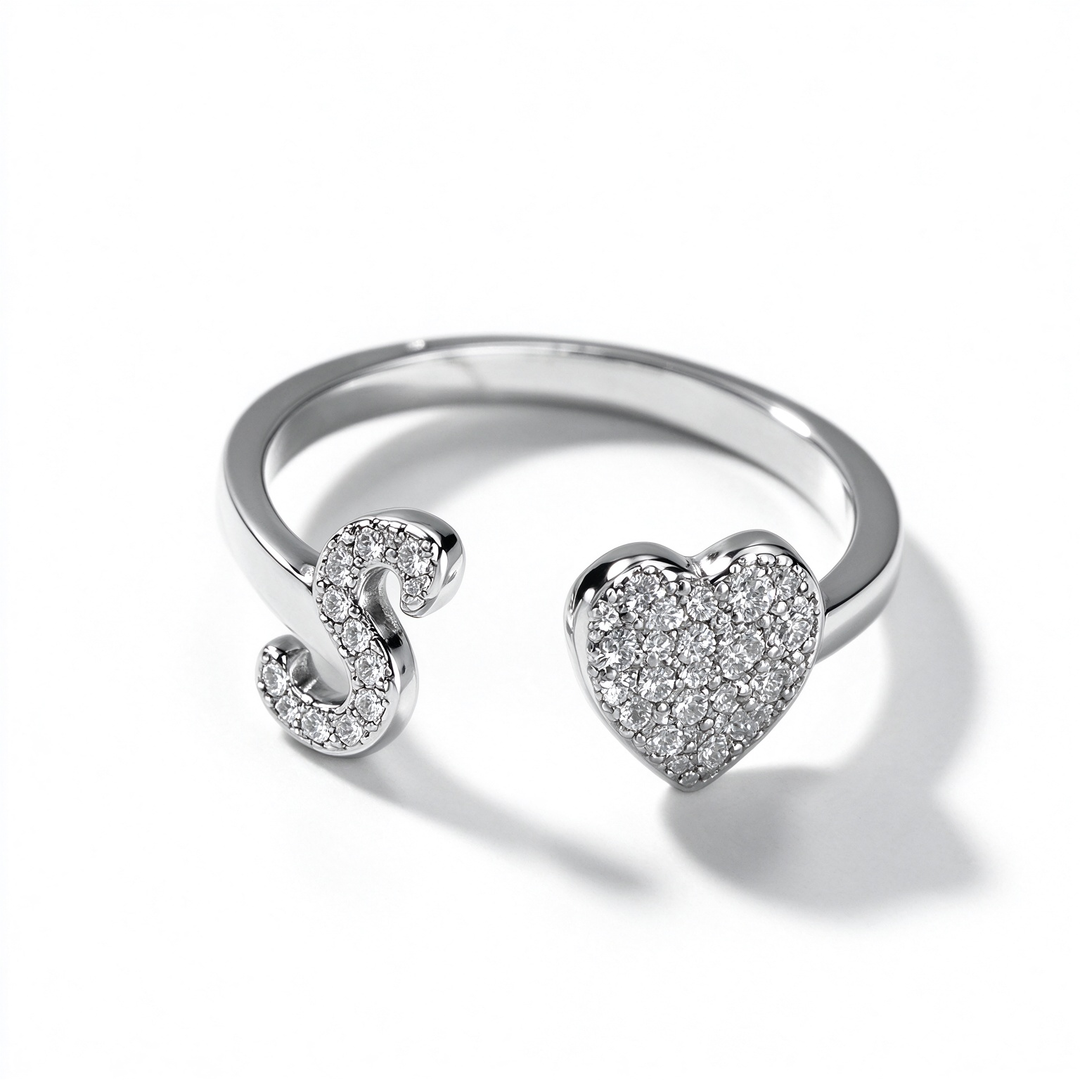 Initial Letter Heart Zircon Adjustable Open Ring