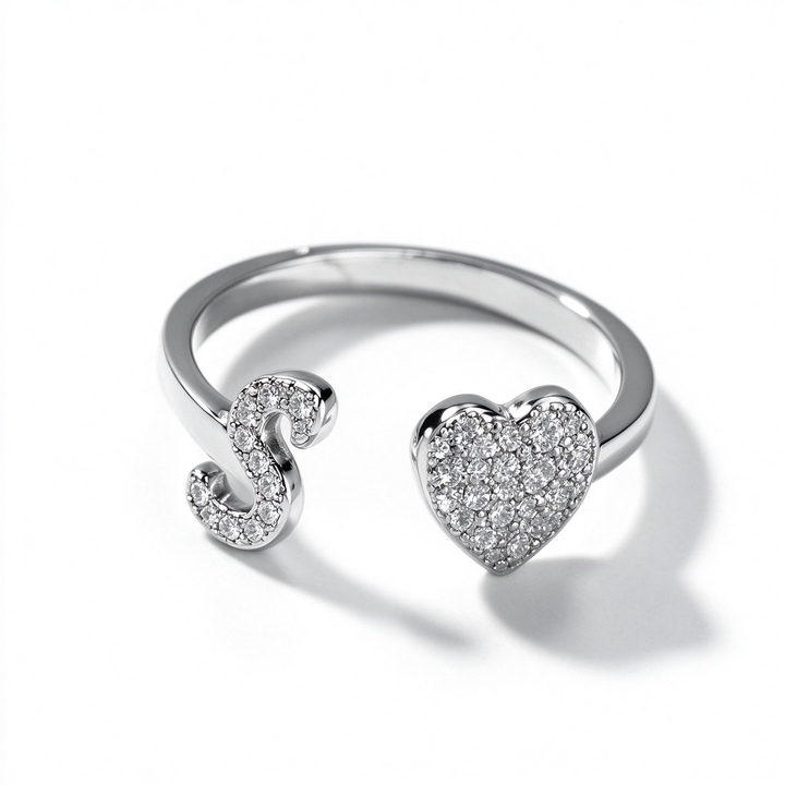 Initial Letter Heart Zircon Adjustable Open Ring