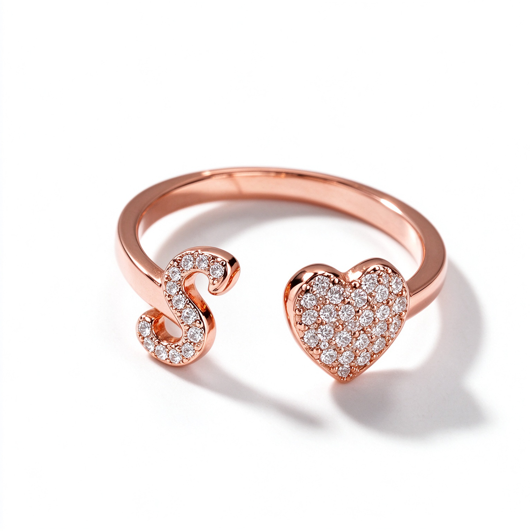 Initial Letter Heart Zircon Adjustable Open Ring