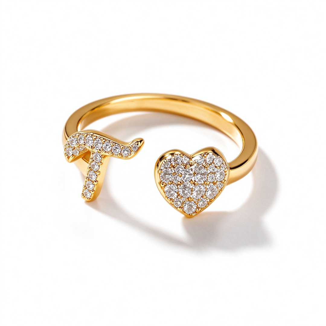 Initial Letter Heart Zircon Adjustable Open Ring