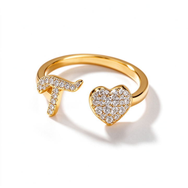 Initial Letter Heart Zircon Adjustable Open Ring