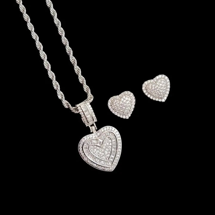 Pave Heart Zircon Necklace Earring Set