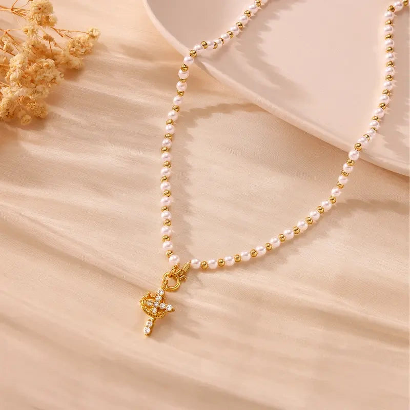 Gold Pearl Beaded Crown Cross Necklace
