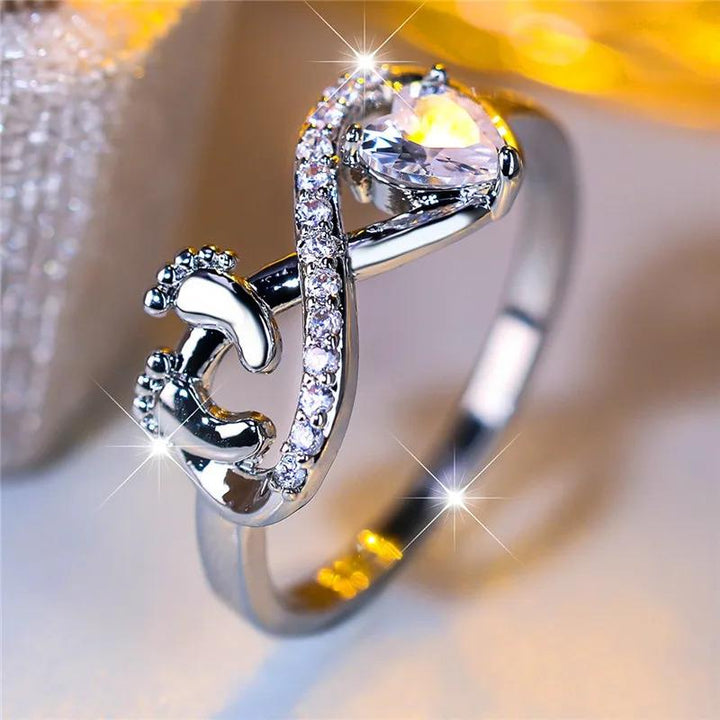 Baby footprint infinity heart cubic zirconia ring