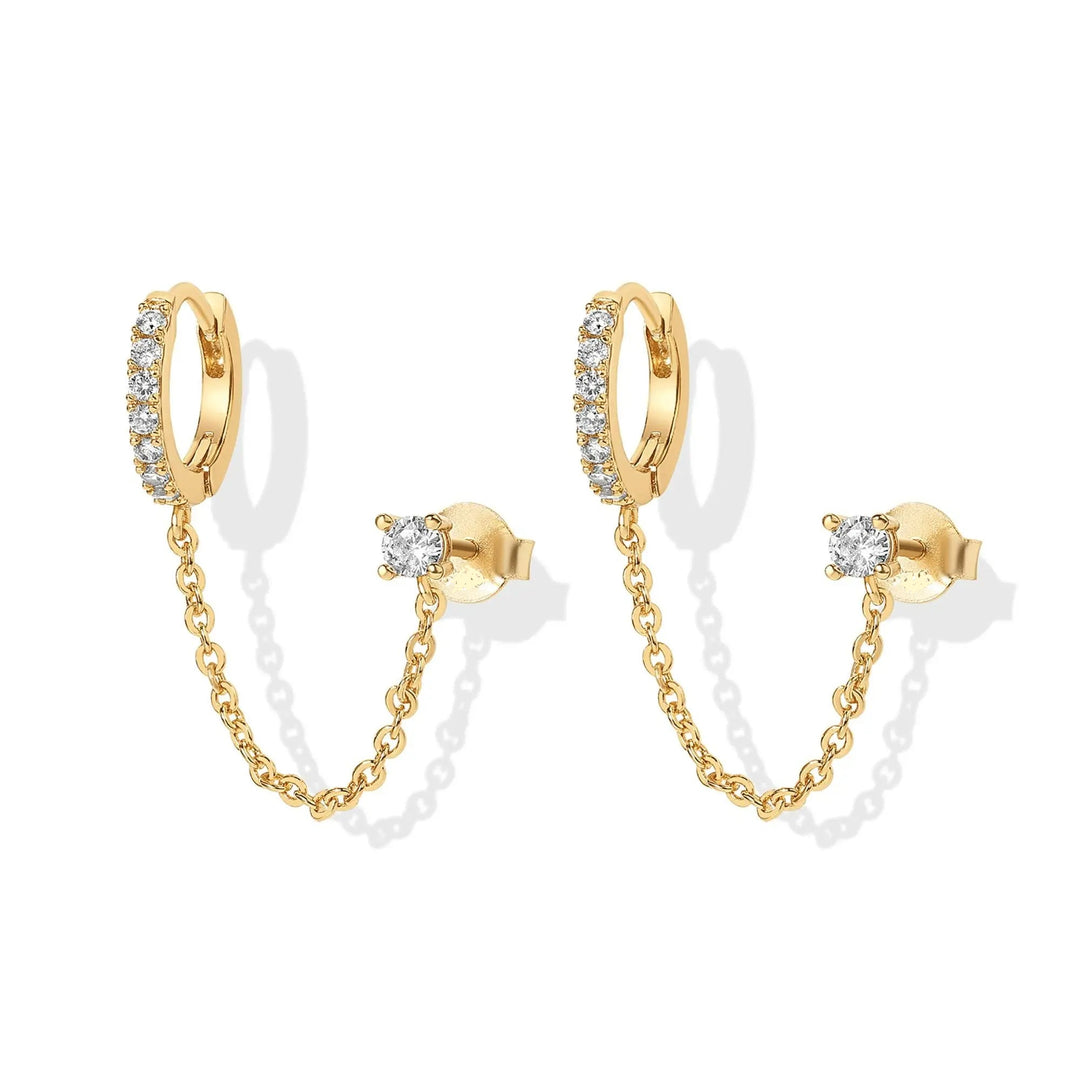 Chain Linked Double Piercing Hoop Stud Earrings Daily Stack