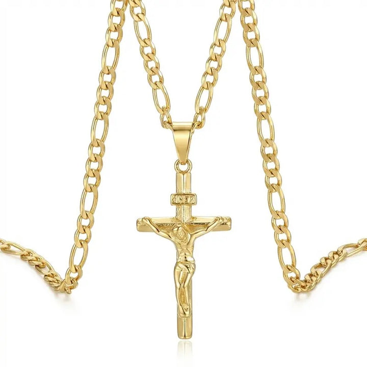 Gold Crucifix Necklace Figaro Chain