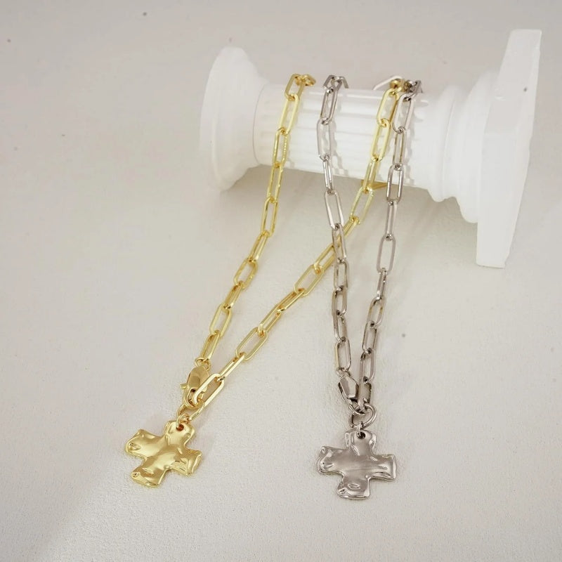 Hammered finish Chunky Cross Chain Necklace