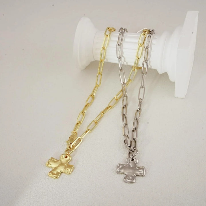 Hammered finish Chunky Cross Chain Necklace
