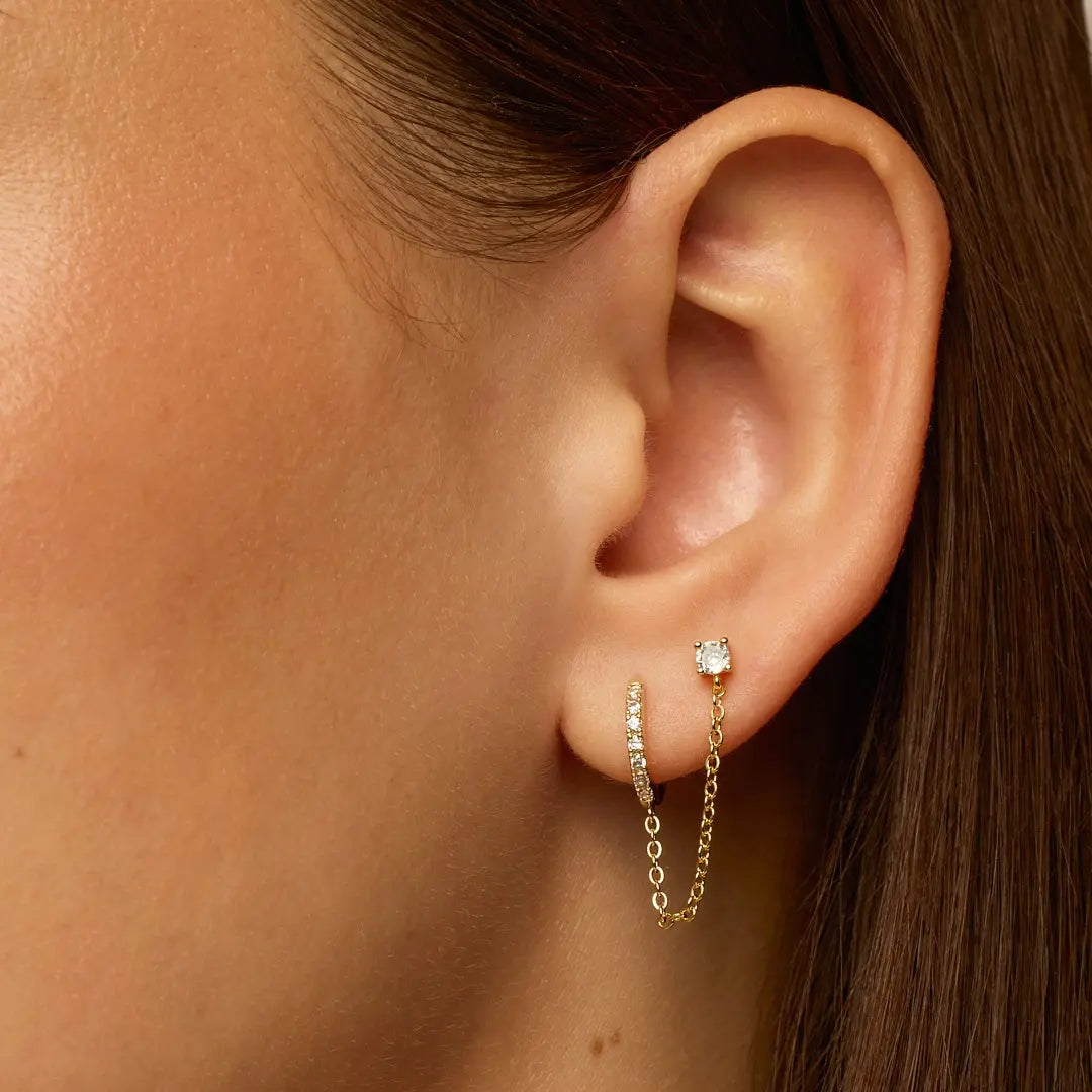 Chain Linked Double Piercing Hoop Stud Earrings Daily Stack