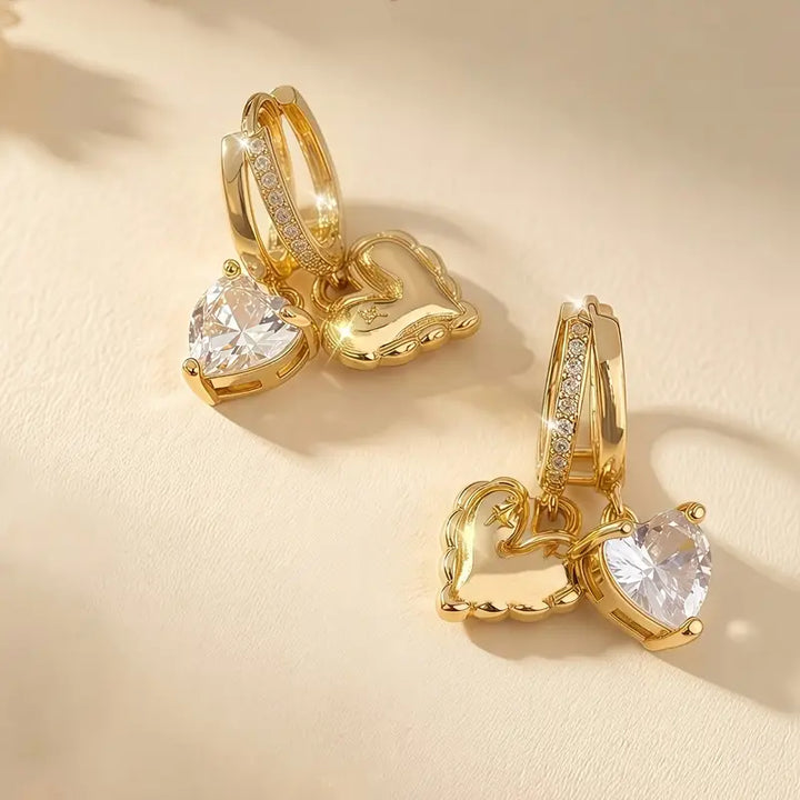 Double Heart Drop Huggie Earrings