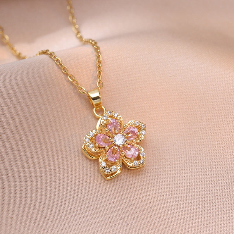 Blooming Zircon Rotation Flower Necklace