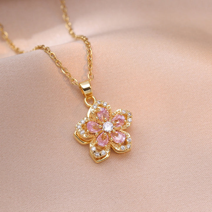 Blooming Zircon Rotation Flower Necklace