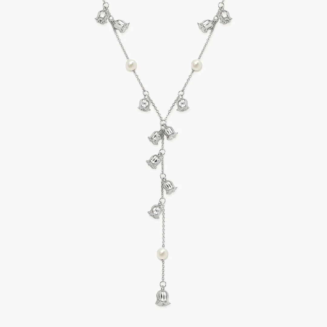 Plated Lily of the Valley Pearl Lariat Necklace