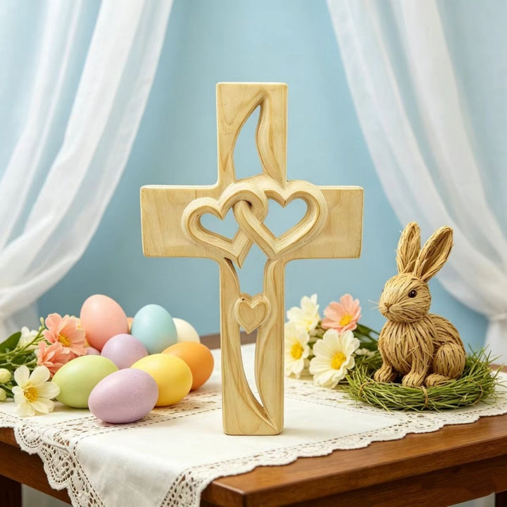 Wooden Cross Intertwined Hearts Decor