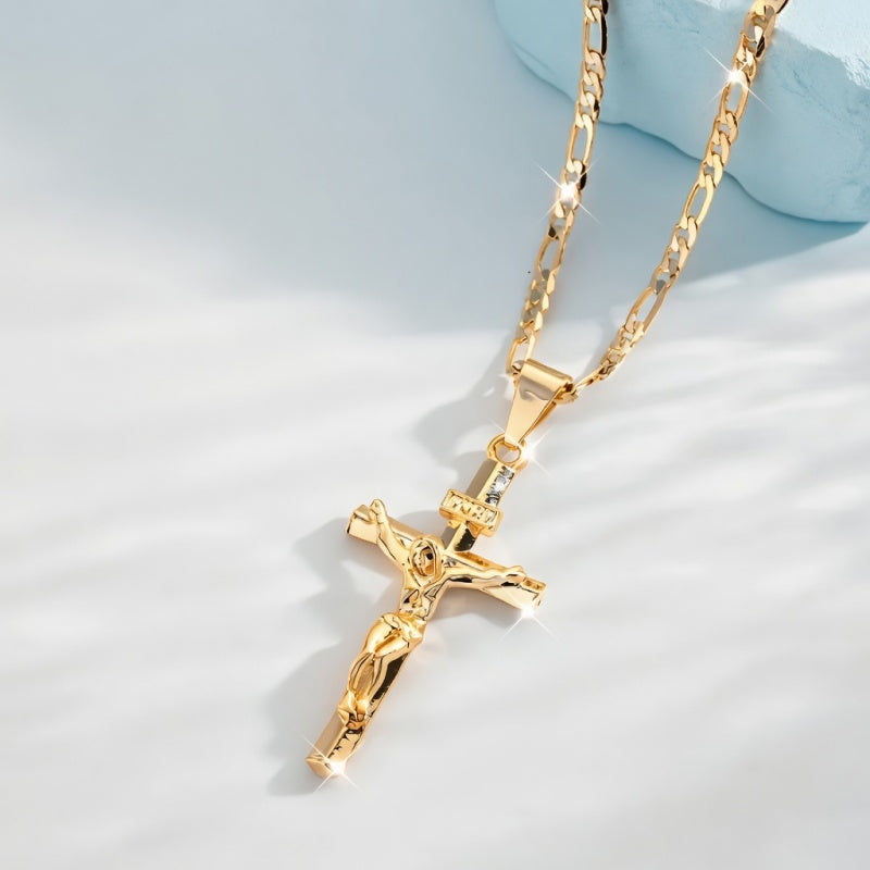 Gold Crucifix Necklace Figaro Chain