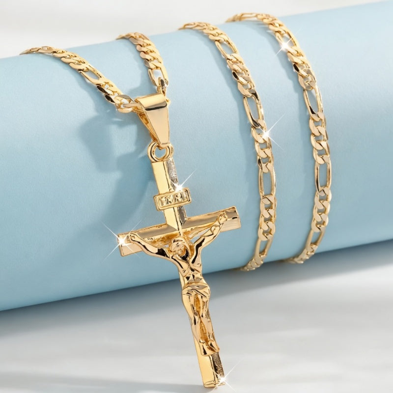 Gold Crucifix Necklace Figaro Chain