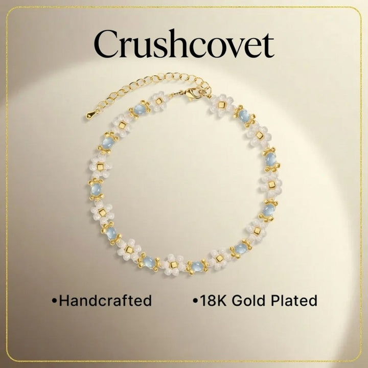 Handmade Blue Flower Beaded Bracelet for Women