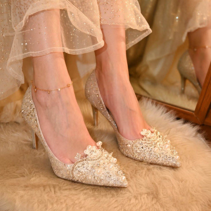White Pearl Embellished High Heels Elegant