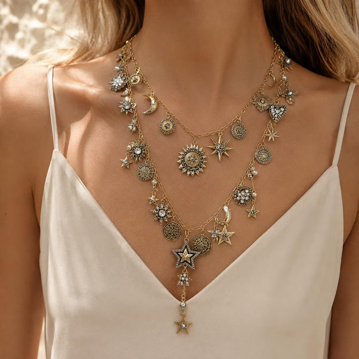 Sun Moon Star Pearl Pendant Necklace Set
