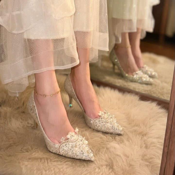 White Pearl Embellished High Heels Elegant