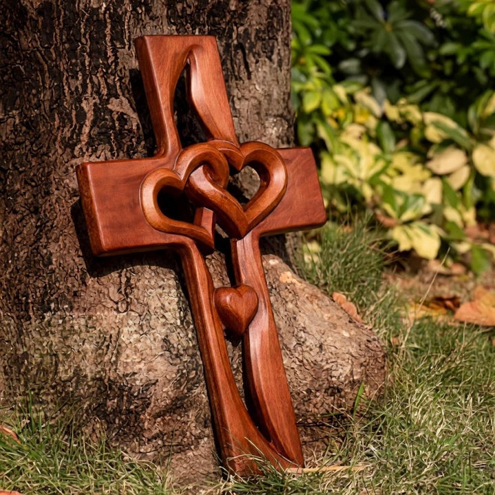 Wooden Cross Intertwined Hearts Decor