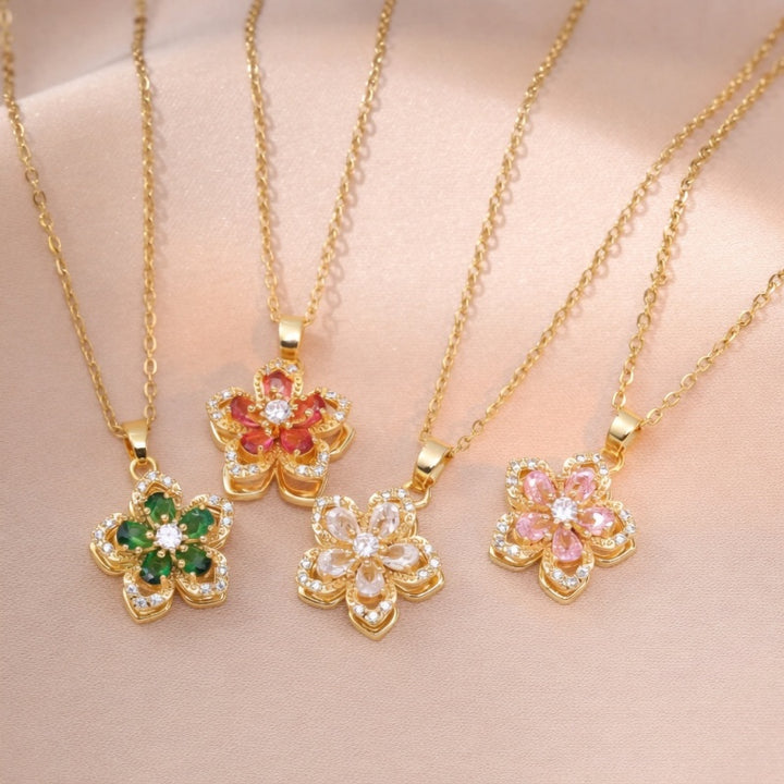 Blooming Zircon Rotation Flower Necklace