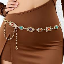 Multicolor Zircon Carved Metal Tassel Waist Chain Belt