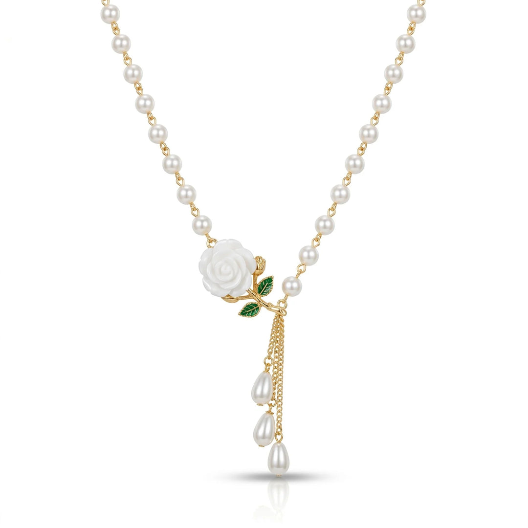 White Rose Pearl Pendant Necklace