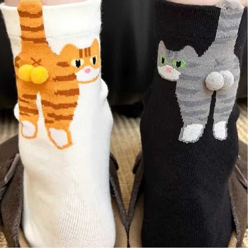 Cute Cat Butt Socks for Women Funny 3D Animal Cotton Mid Calf Socks