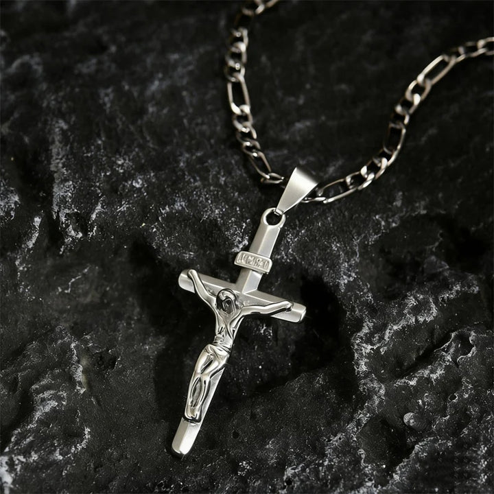 Gold Crucifix Necklace Figaro Chain