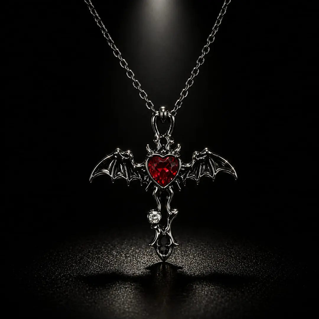 Dark Style Bat Wing Cross Heart Necklace